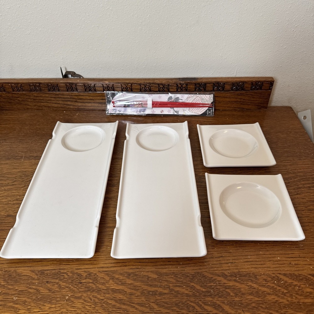 Crate & Barrel ForLife White Sushi Plate And Sauce Plate Set Of 2 & Chopsticks